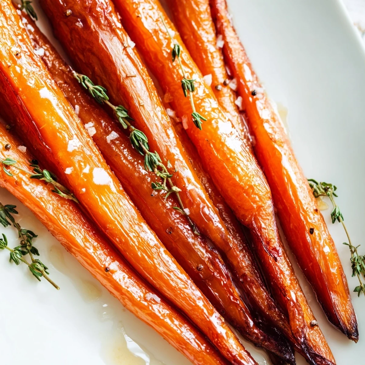 Colorful Roasted Carrots with Honey and Fresh Thyme garnished with fresh herbs and a lemon wedge for brightness.