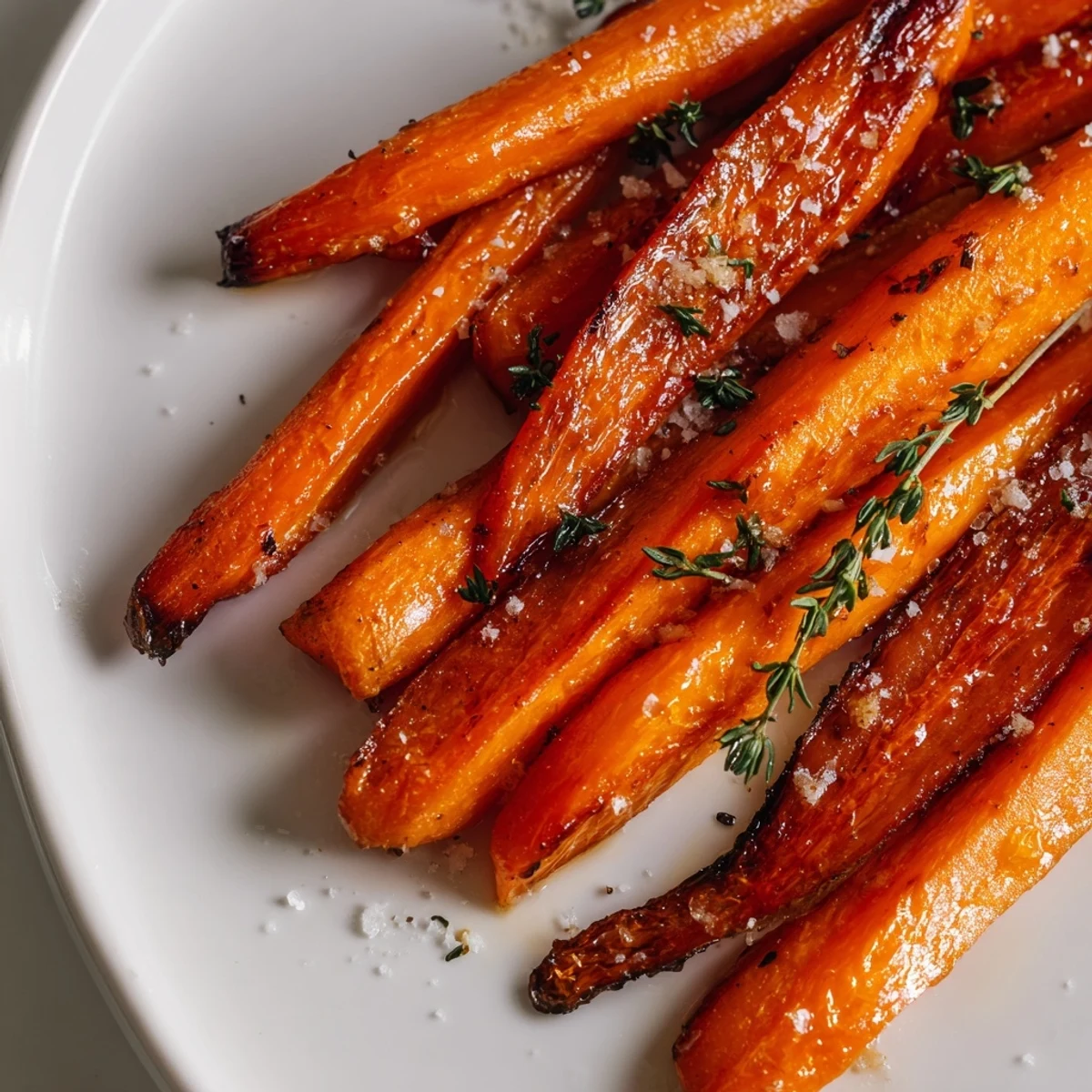 Tender, caramelized Roasted Carrots with Honey and Fresh Thyme fresh from the oven on a parchment-lined baking sheet.