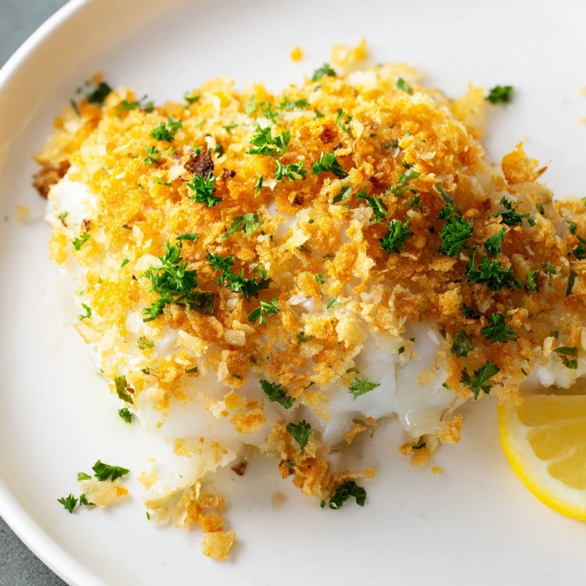 Four golden baked cod fillets topped with buttery cracker crumbs on a serving platter.