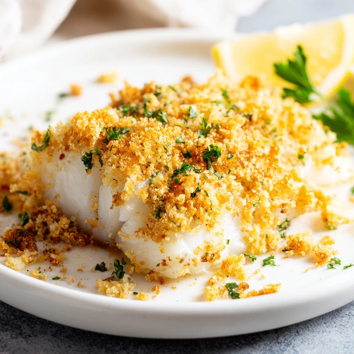 Freshly baked cod with parsley garnish and lemon zest crumb topping on a baking sheet.