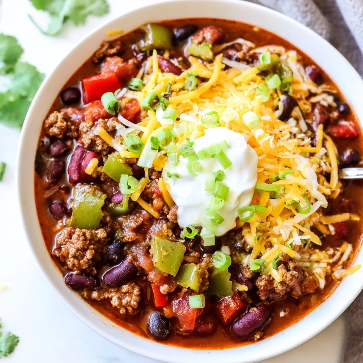 A steaming bowl of Slow Cooker Chili with Ground Beef and Beans, topped with shredded cheddar, sour cream, and fresh cilantro.