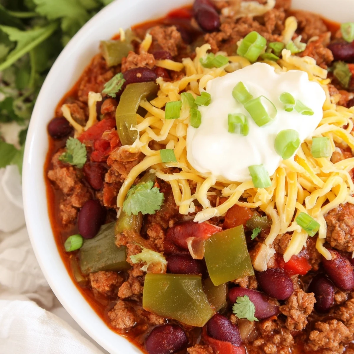 Slow Cooker Chili with Ground Beef and Beans served in a rustic bowl, perfect for a cozy family dinner with cornbread.