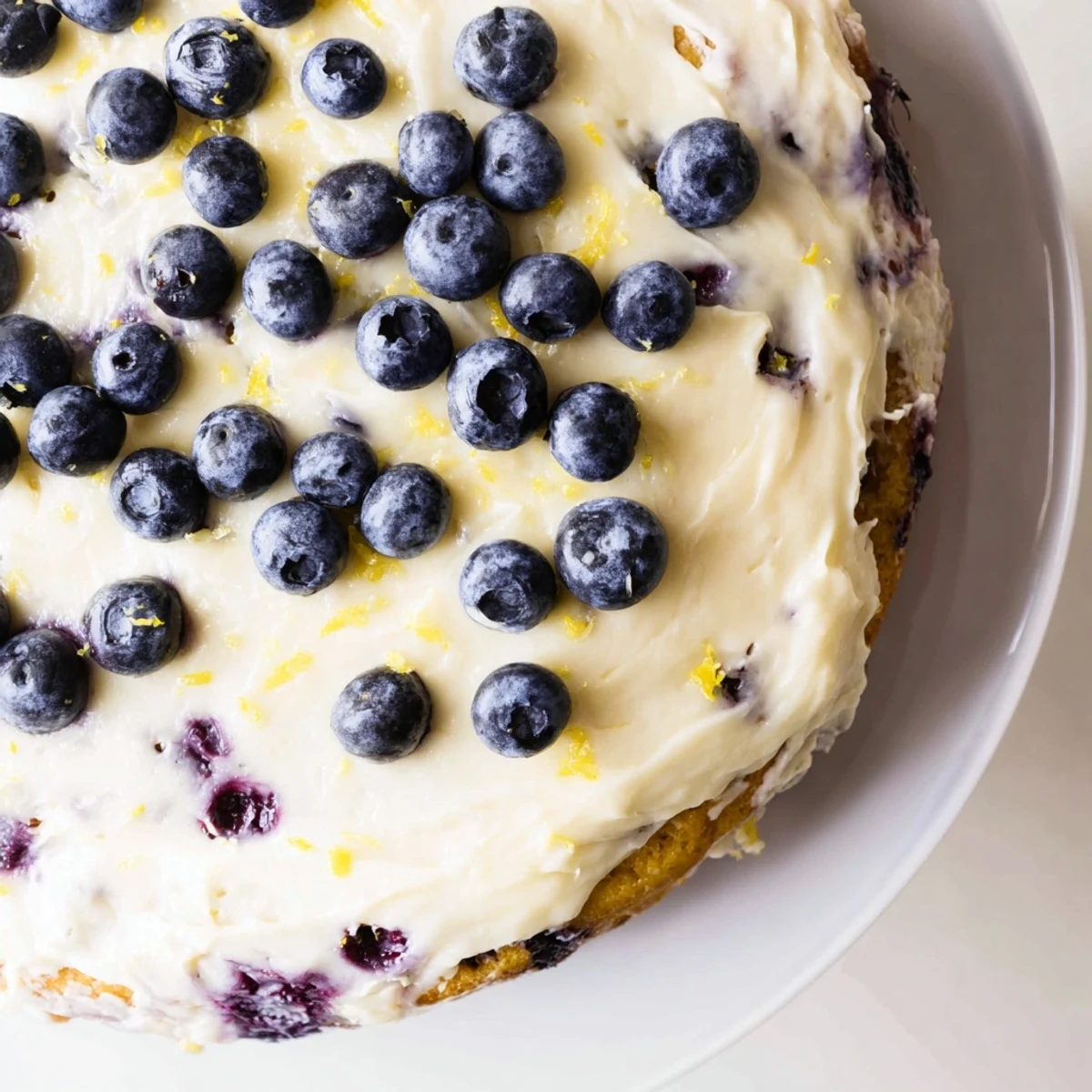 Lemon Blueberry Cake with Cream Cheese Frosting is sliced on a plate, revealing juicy blueberry pockets and tangy lemon layers.