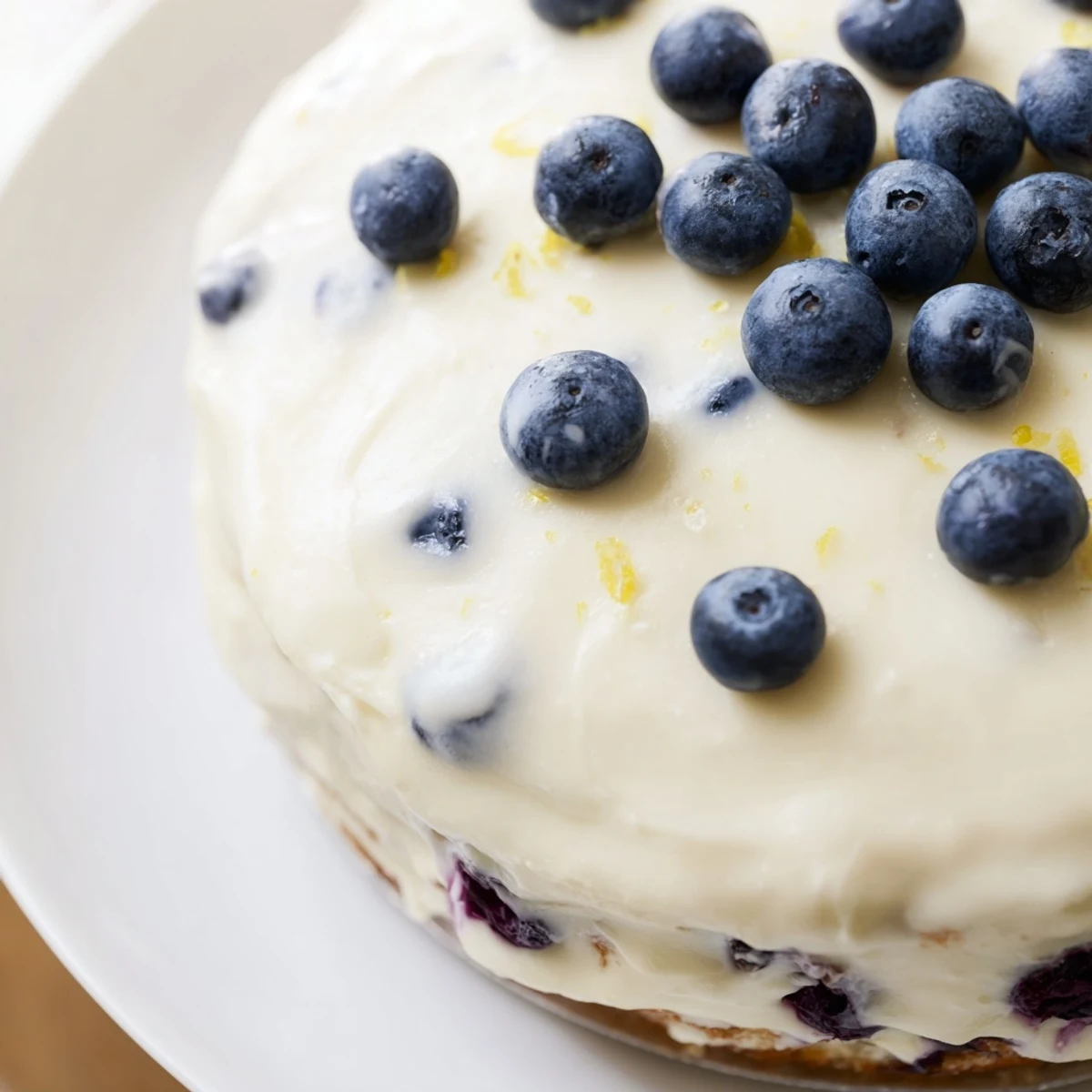 Freshly baked Lemon Blueberry Cake with Cream Cheese Frosting shows moist crumb and glossy white frosting studded with plump blueberries.