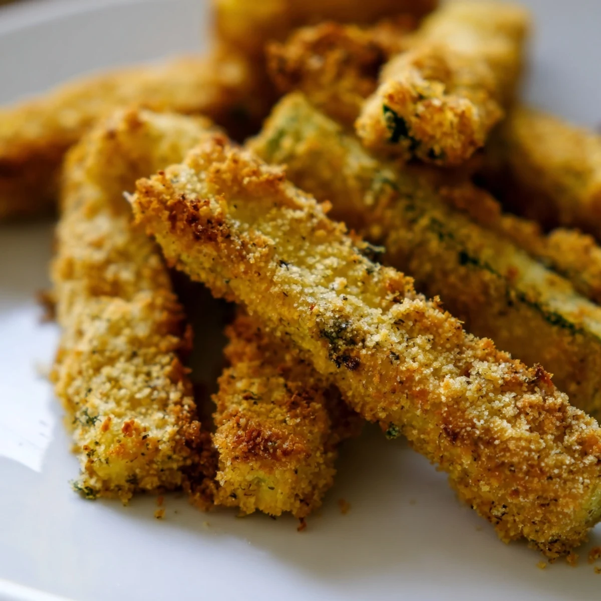 Golden, crunchy Crispy Zucchini Fries with Parmesan Cheese on a baking sheet, ready to dip in marinara sauce. 