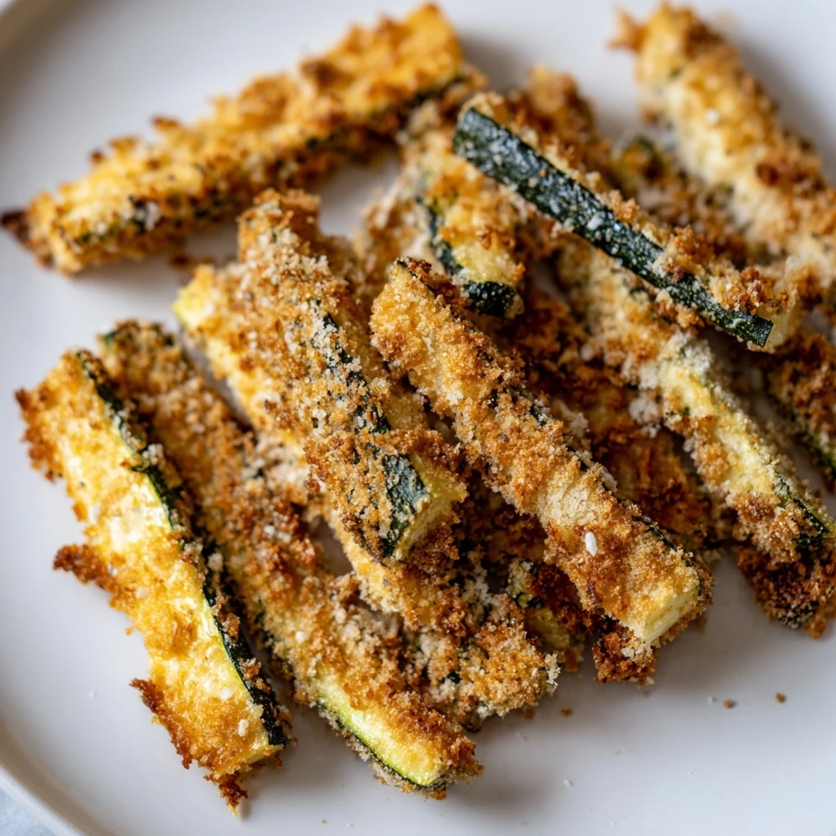 A close-up of Crispy Zucchini Fries with Parmesan Cheese, served hot with a side of creamy ranch dressing. 