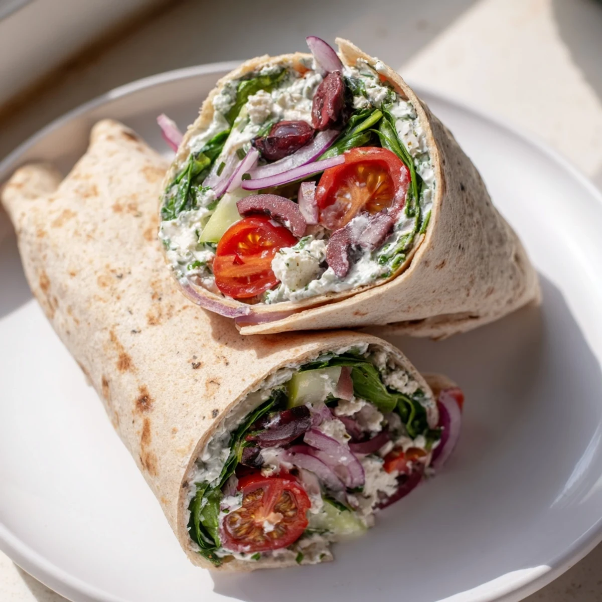 Close-up of a sliced Mediterranean Wrap with Feta and Olives, revealing vibrant layers of spinach, tomatoes, cucumbers, and briny olives beside a dipping sauce.