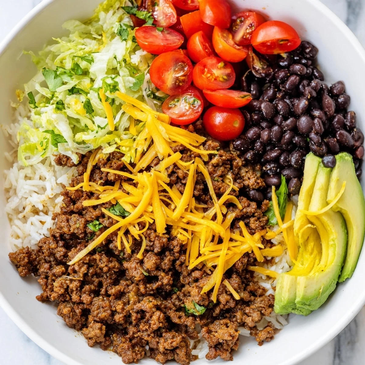 A close-up view of a Beef Burrito Bowl with Rice and Beans, featuring seasoned ground beef, fluffy cilantro-lime rice, and black beans topped with melted cheese.