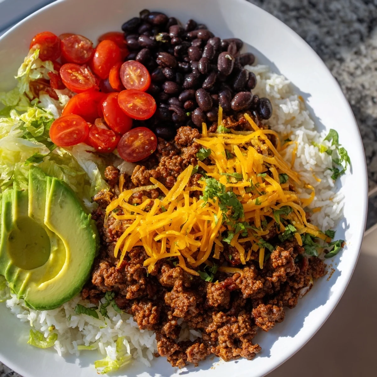 A freshly assembled Beef Burrito Bowl with Rice and Beans, garnished with cilantro and lime wedges, perfect for a customizable Tex-Mex dinner.