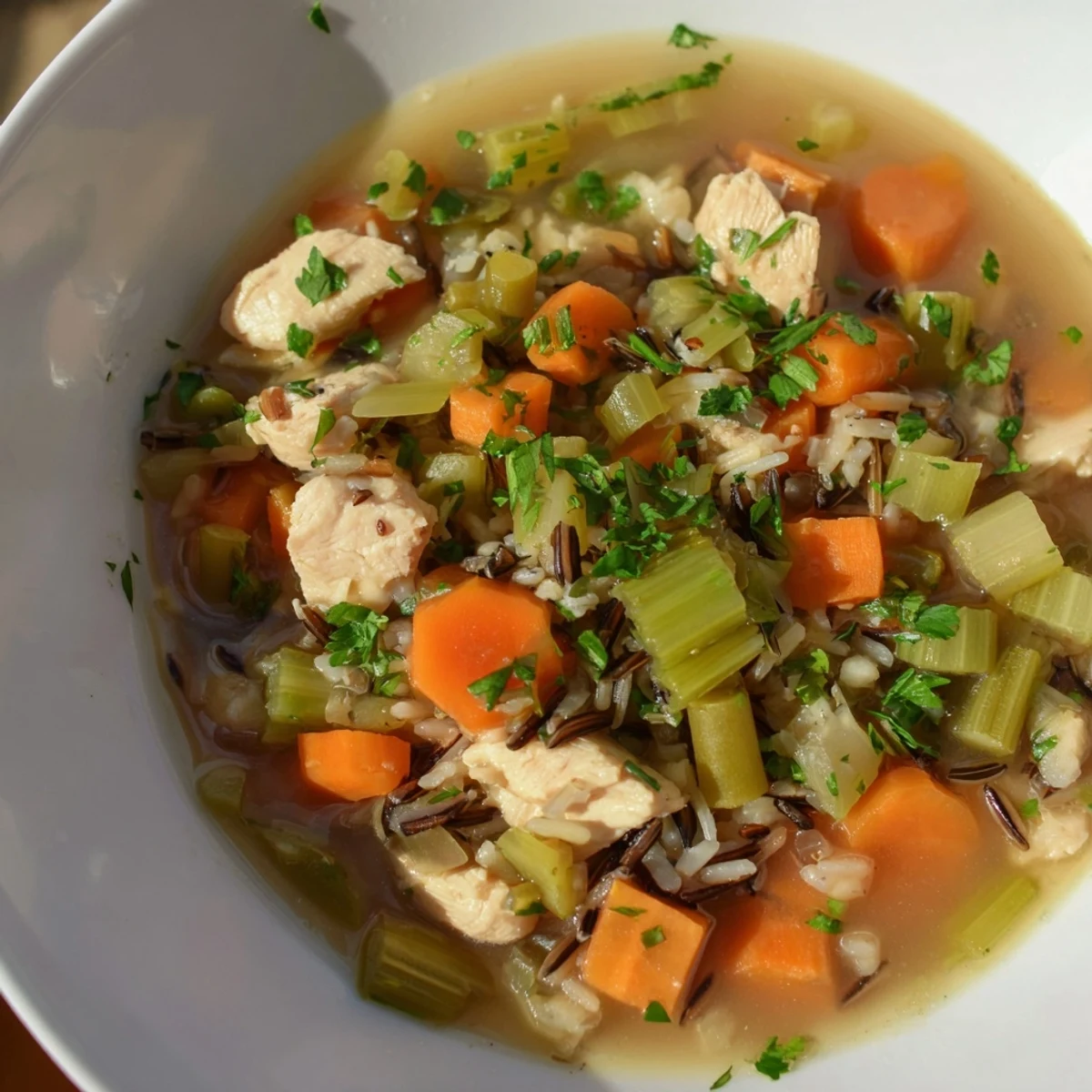 A steaming bowl of Chicken Vegetable Soup with Wild Rice, featuring tender chicken, vibrant carrots, and fresh parsley garnish.