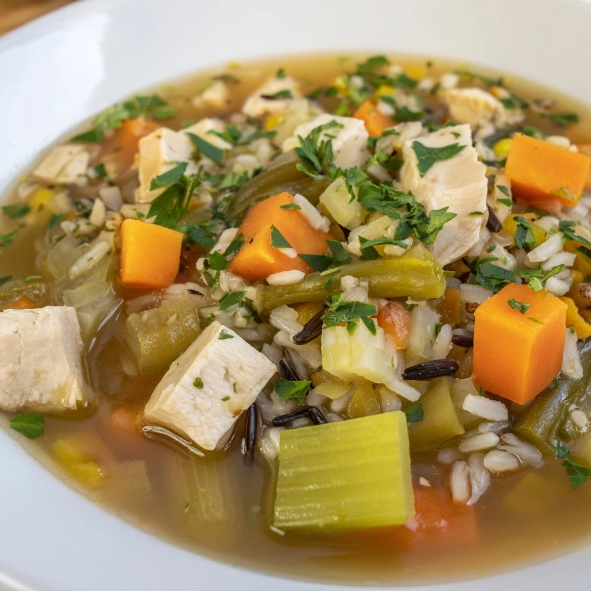 Close-up of Chicken Vegetable Soup with Wild Rice, highlighting nutty grains and colorful vegetables in a fragrant, steaming broth.