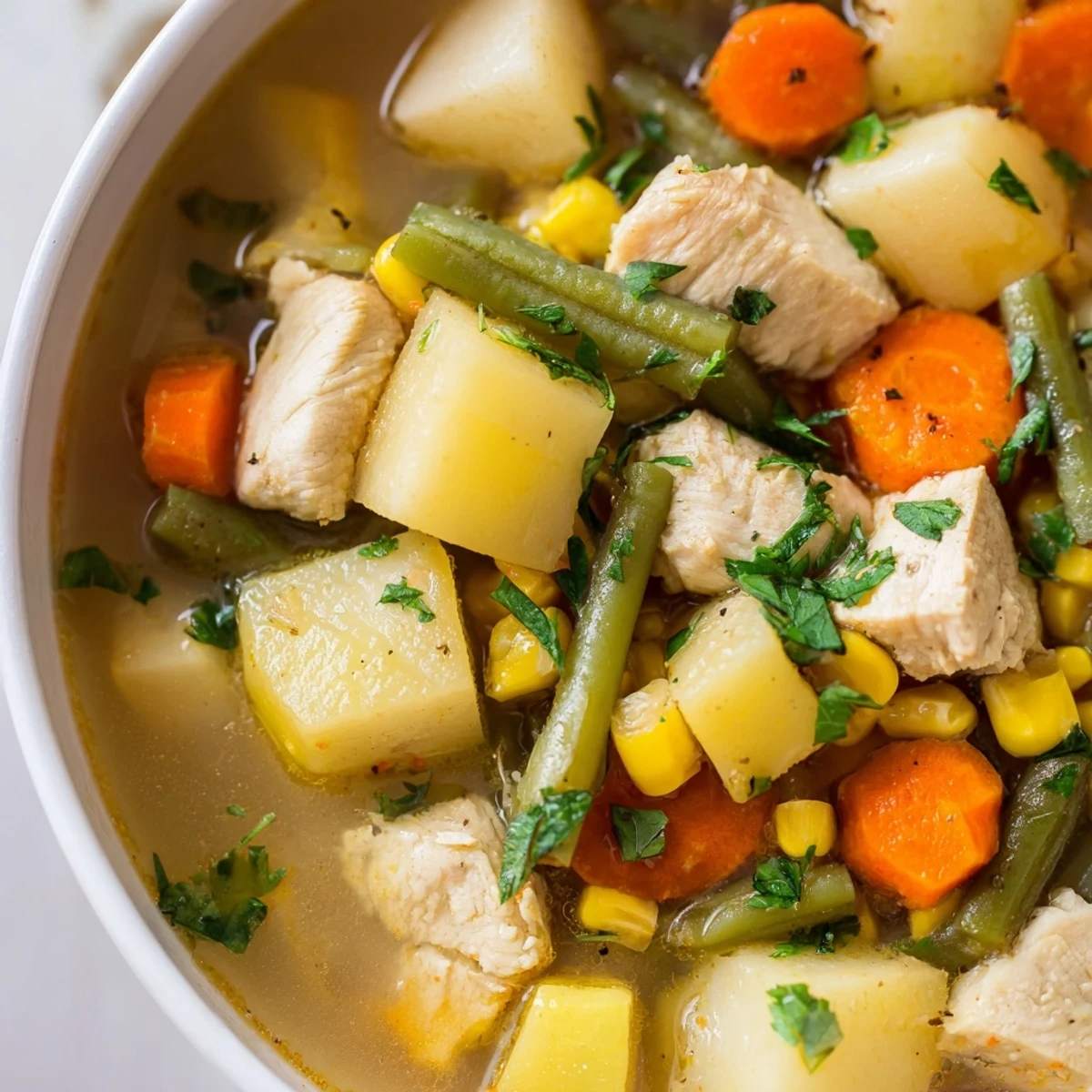 Chicken Vegetable Soup brimming with tender chicken, vibrant vegetables, and savory broth, ready to serve.