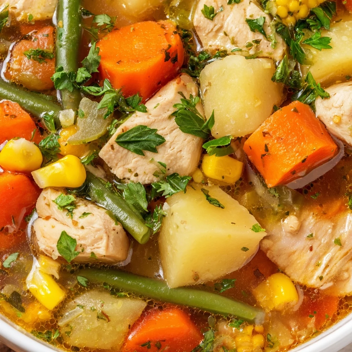 A steaming bowl of Chicken Vegetable Soup, showcasing chunky vegetables and succulent chicken pieces.