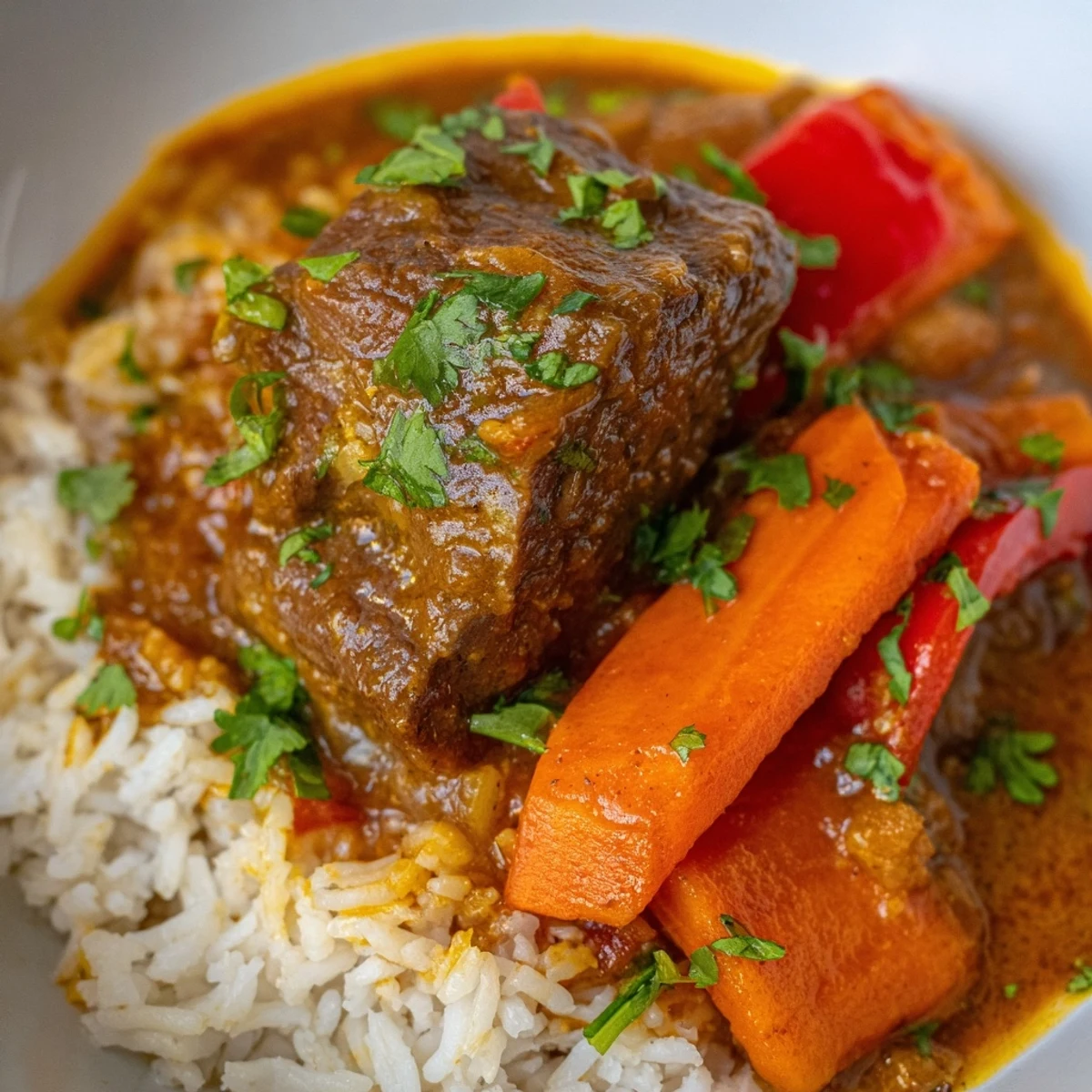 Slow cooker beef curry in a white bowl, steaming with tender meat, carrots, and red pepper over fluffy basmati rice.