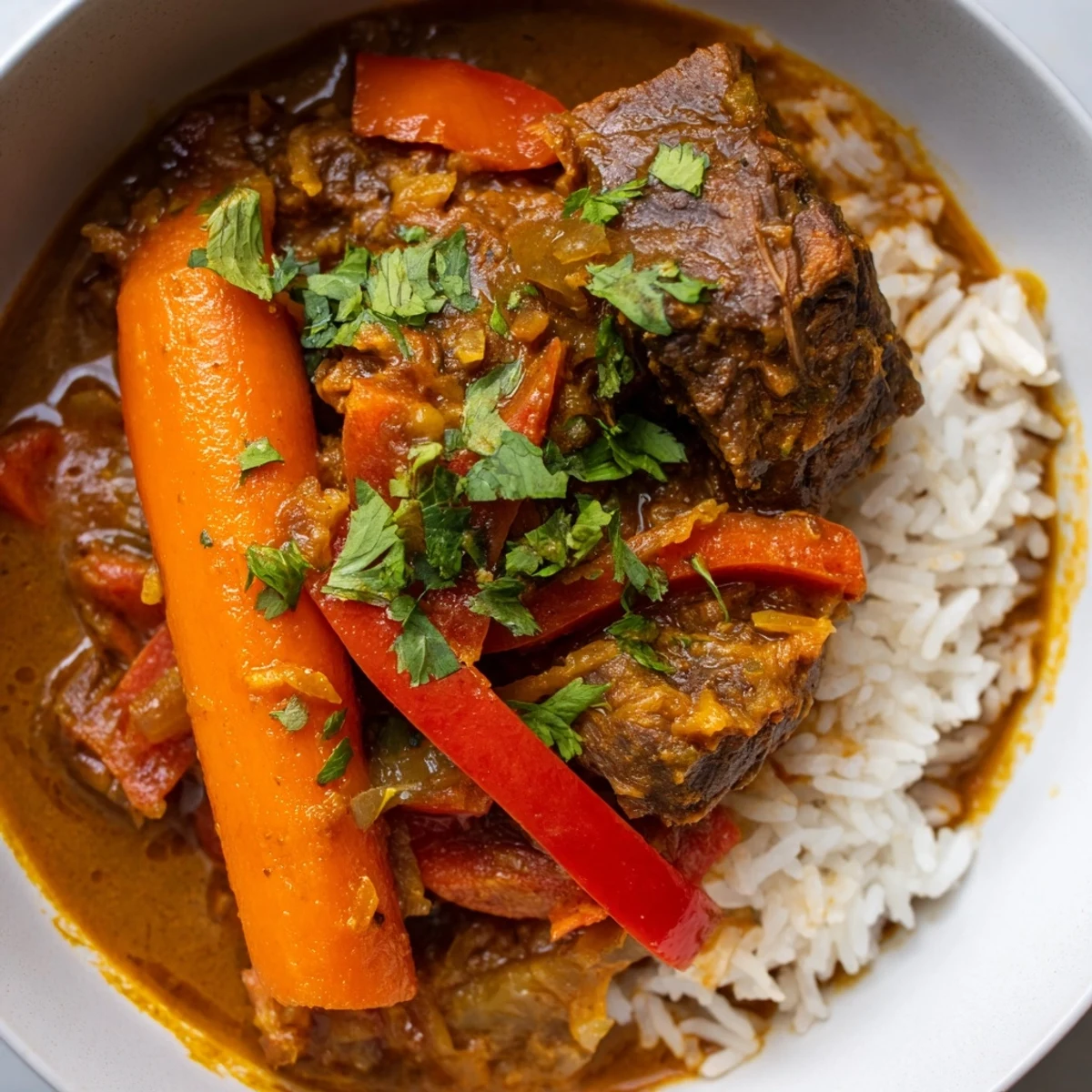 Plated slow cooker beef curry with colorful veggies, served beside warm naan for dipping on a cozy dinner table.