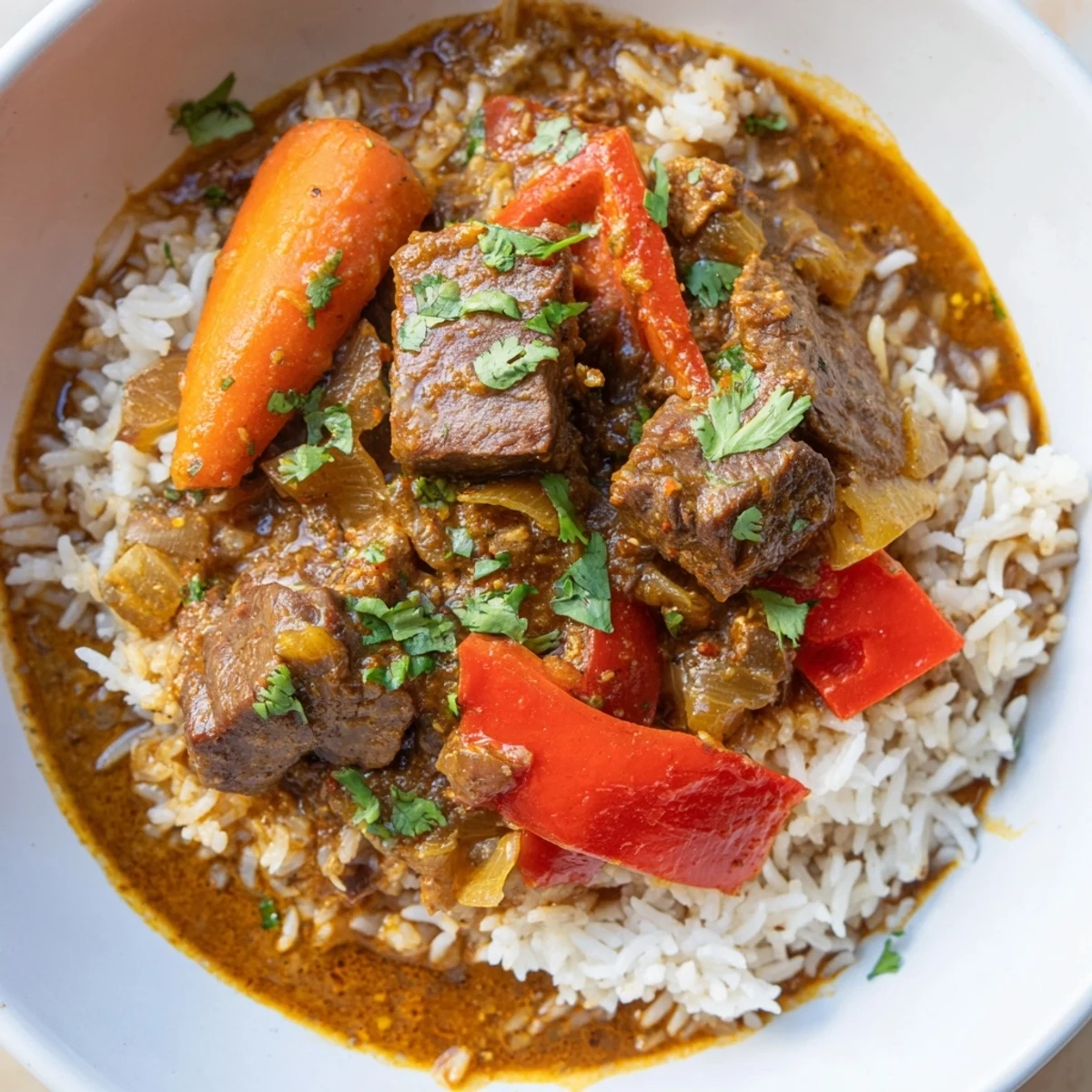 A spoon scoops into aromatic Indian-inspired beef curry, revealing a rich coconut milk sauce garnished with fresh cilantro.