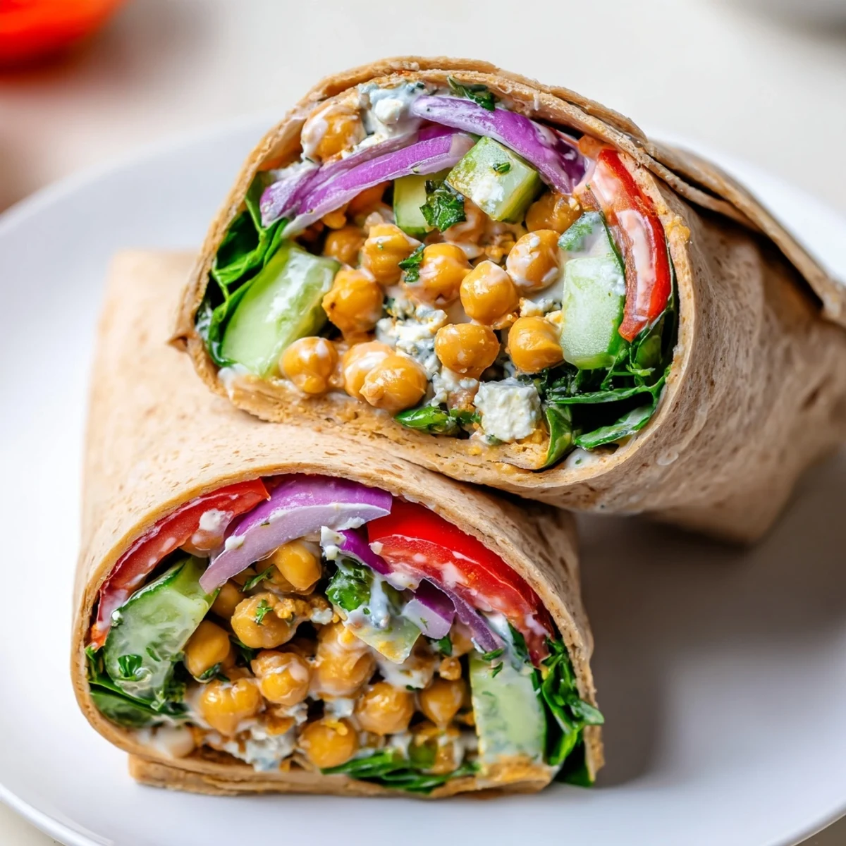 Golden-brown spiced chickpeas and fresh veggies wrapped in a whole wheat tortilla with creamy tahini-yogurt sauce.  