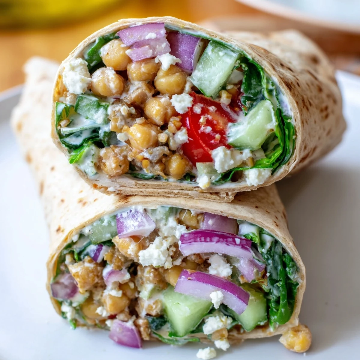 Fresh Mediterranean Chickpea Wrap sliced in half on a wooden board, revealing layers of spinach, cucumber, and tomatoes.  