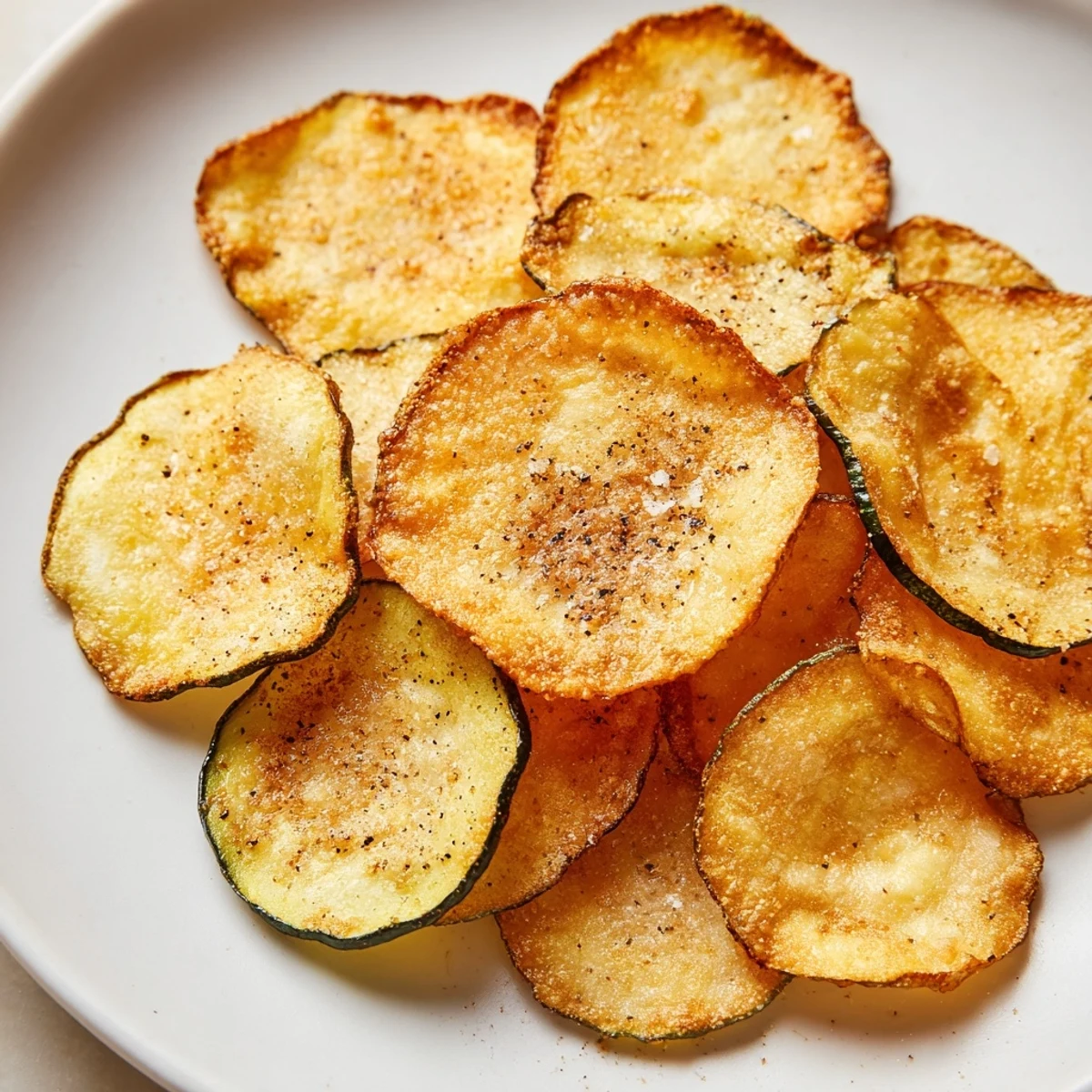 Thick-cut Crispy zucchini chips cooling on a rack, perfect for dipping into creamy yogurt or hummus.