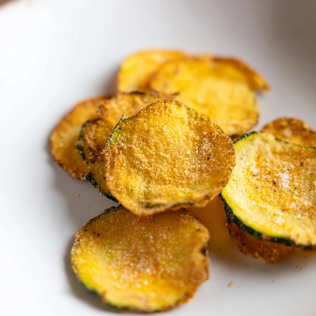 Golden baked Crispy zucchini chips arranged neatly on a tray, seasoned with garlic and paprika for appetizing aroma.  