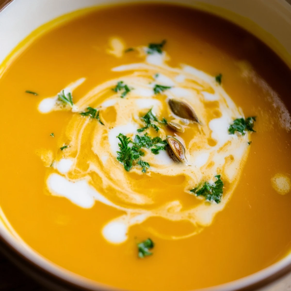Caramelized butternut squash soup swirled with creamy garnish, served steaming in a rustic bowl.  