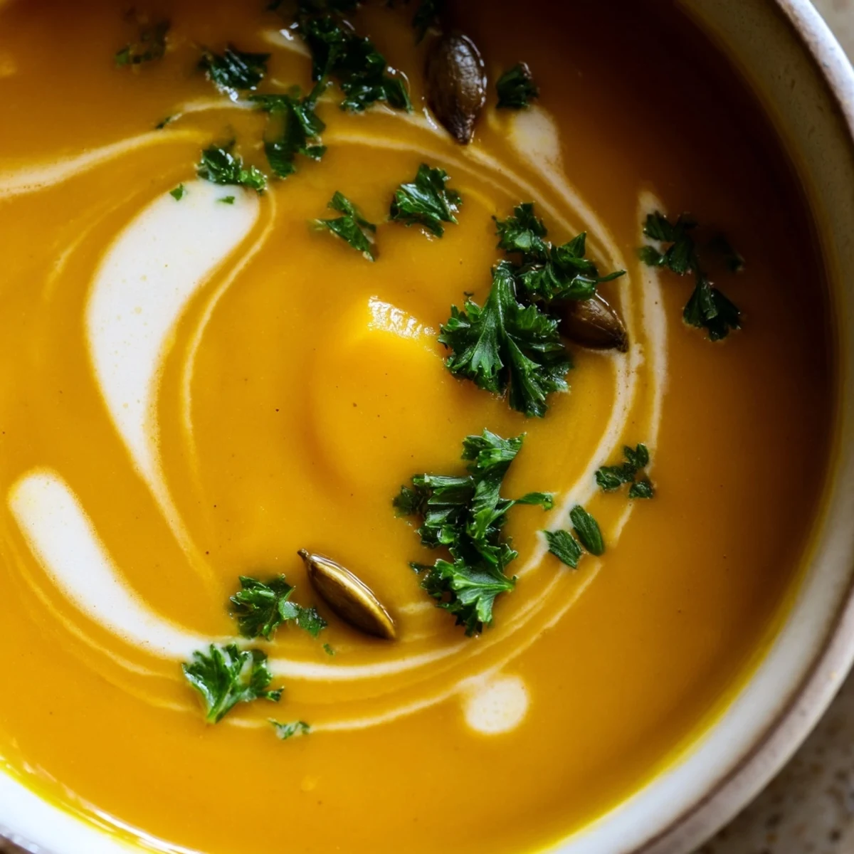 Golden roasted butternut squash soup with fragrant spices, garnished with seeds and parsley.  