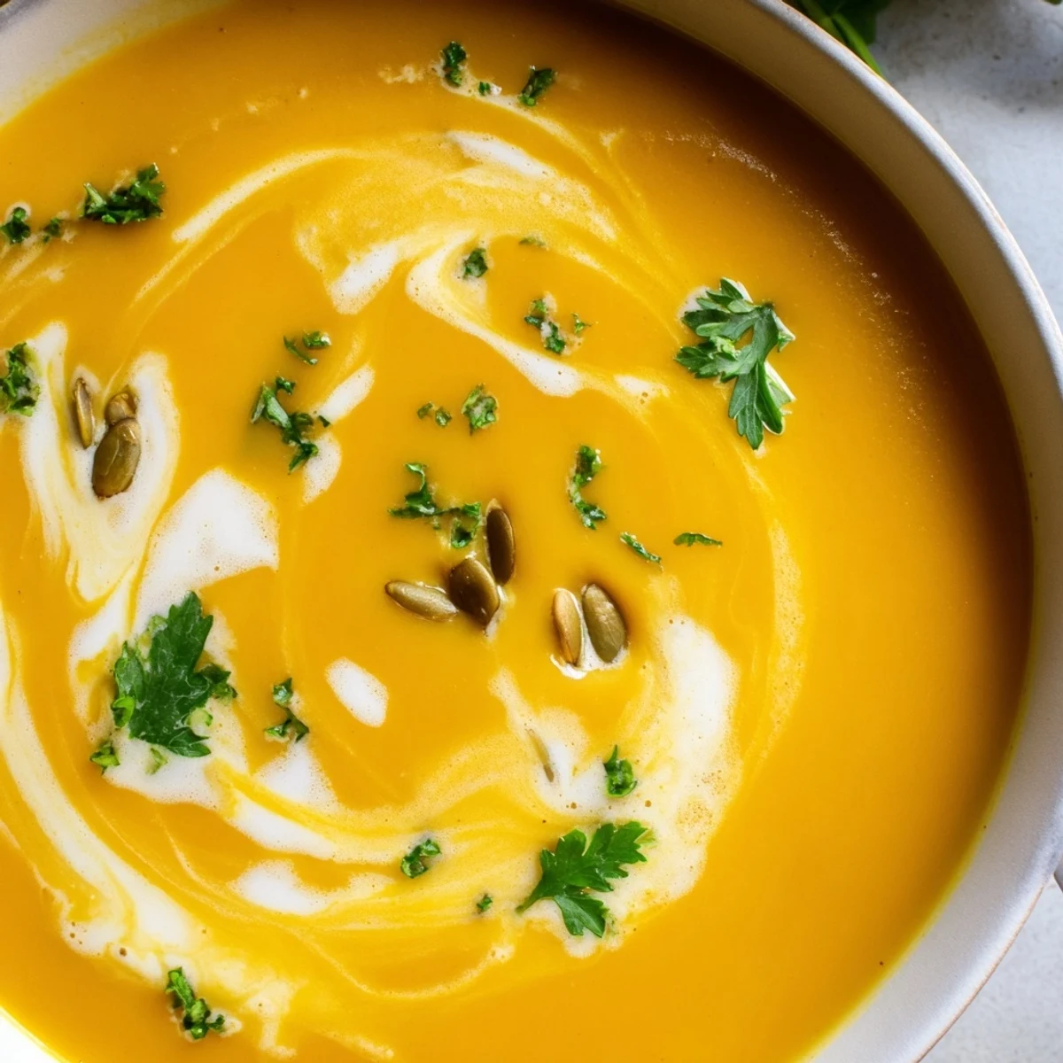 Velvety butternut squash soup in a white bowl, garnished with pumpkin seeds and cream.