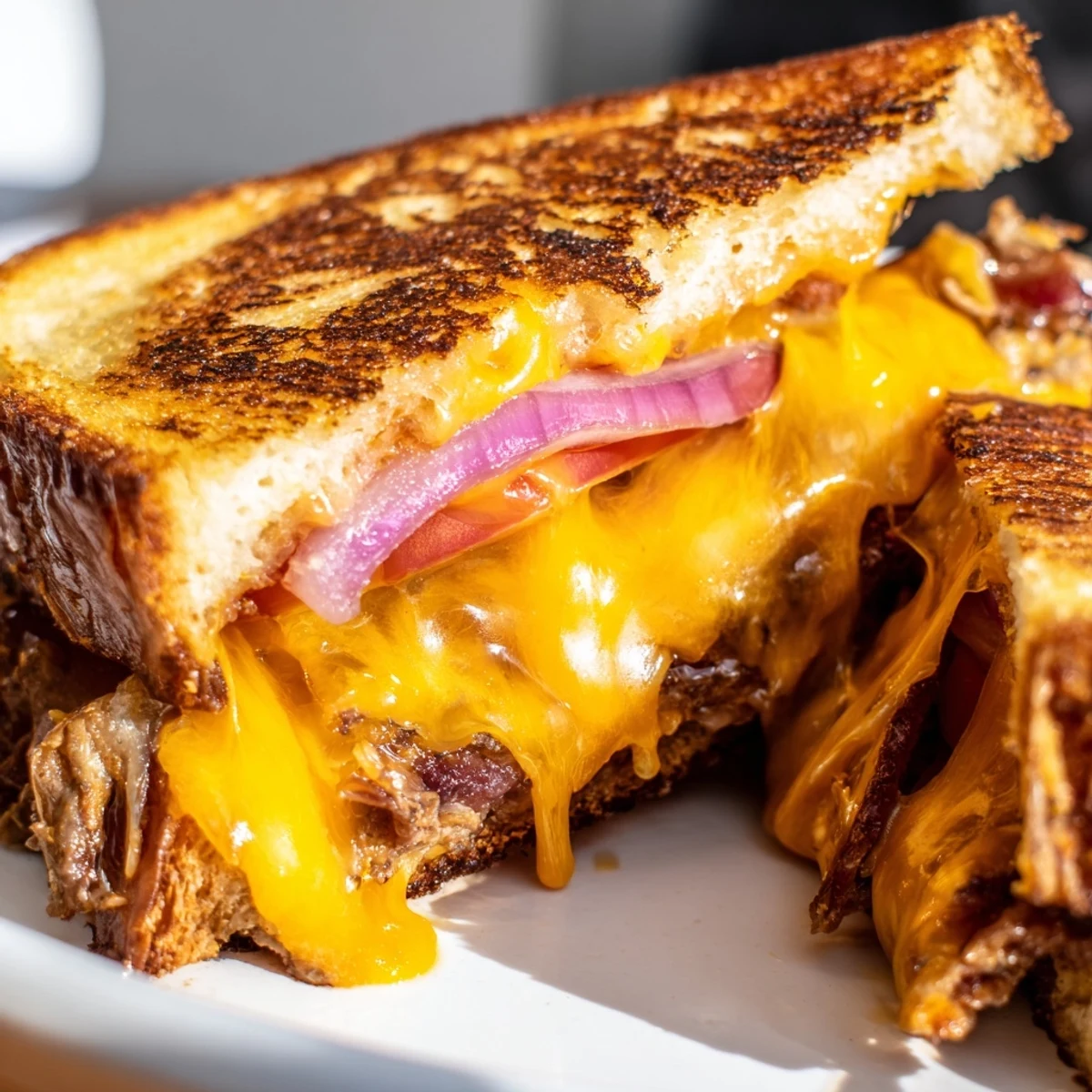 Close-up of a Gridiron Grilled Cheese slice, showing melted cheddar and savory beef bacon tucked between toasted bread.  
