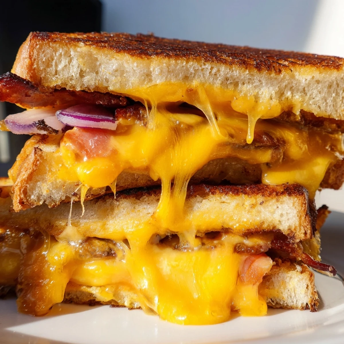 Golden-brown Gridiron Grilled Cheese sandwiches, featuring crispy beef bacon and melted cheddar layered on buttery sourdough bread.  