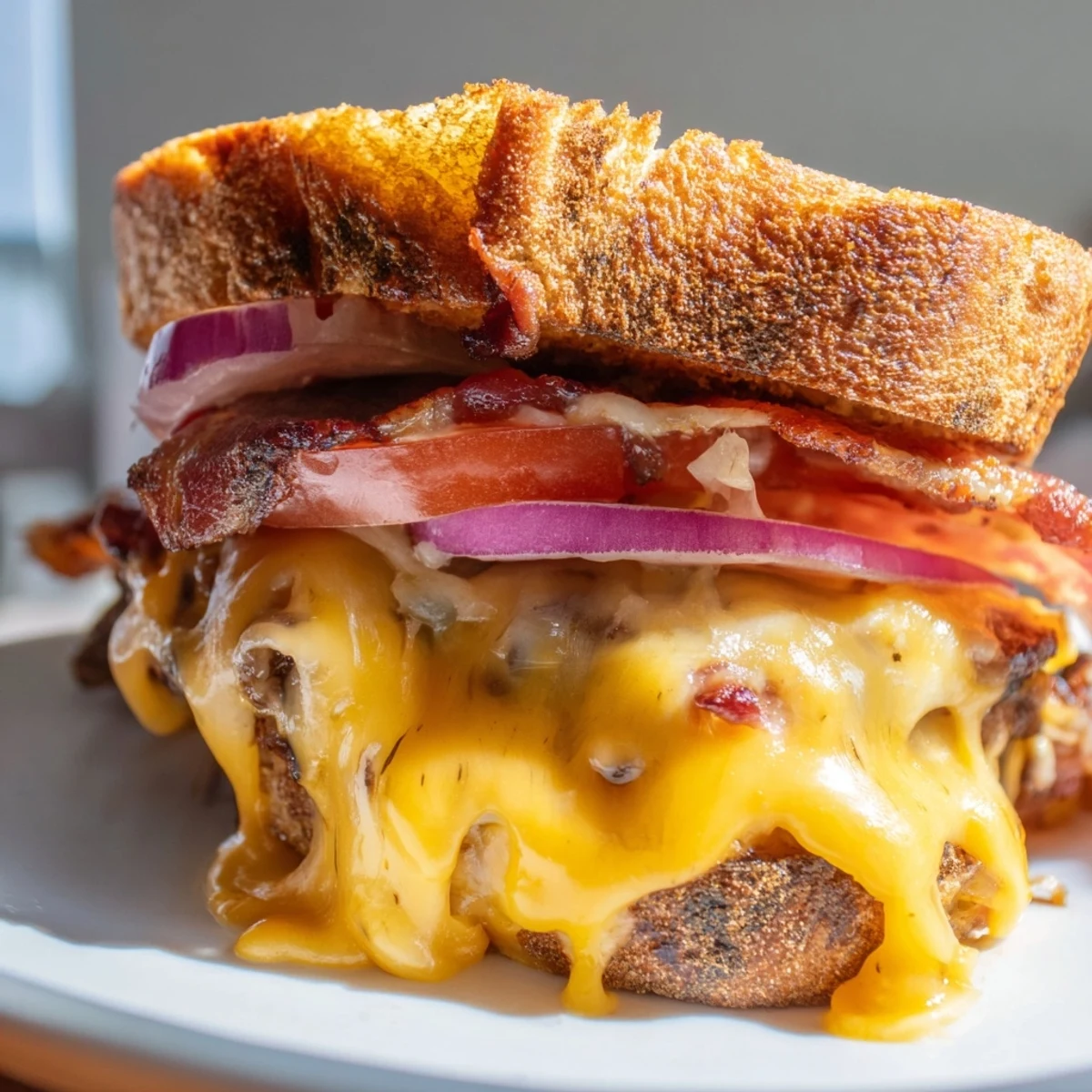 Sizzling Gridiron Grilled Cheese on a skillet, with crispy beef bacon and golden-brown crust ready to serve.