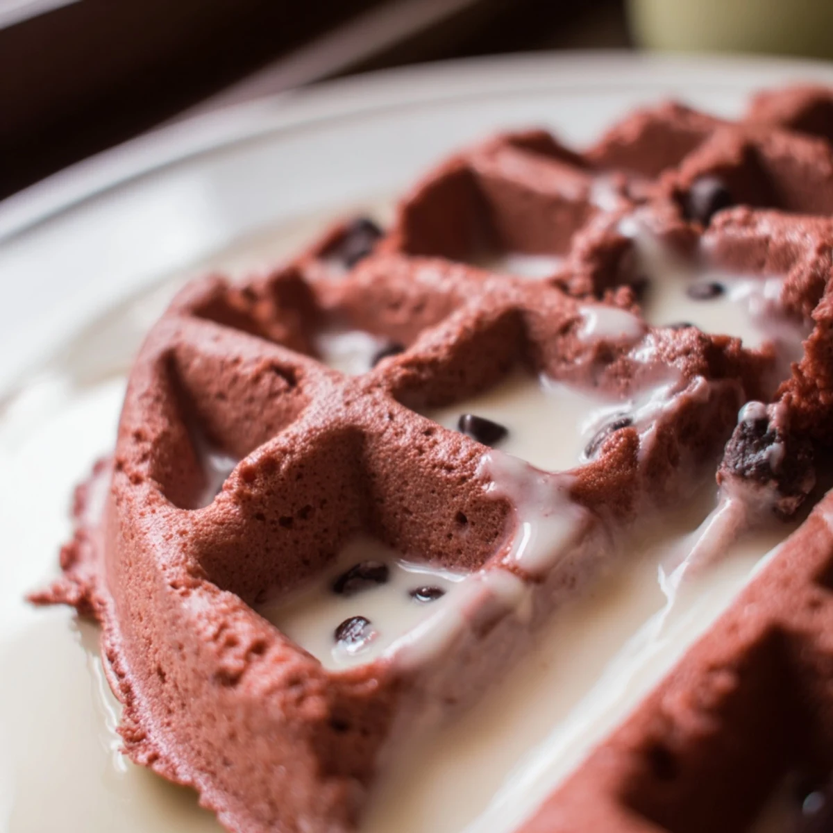 Close-up of fluffy, chocolatey red velvet waffles with cream cheese syrup dripping down the warm, crisp edges.  