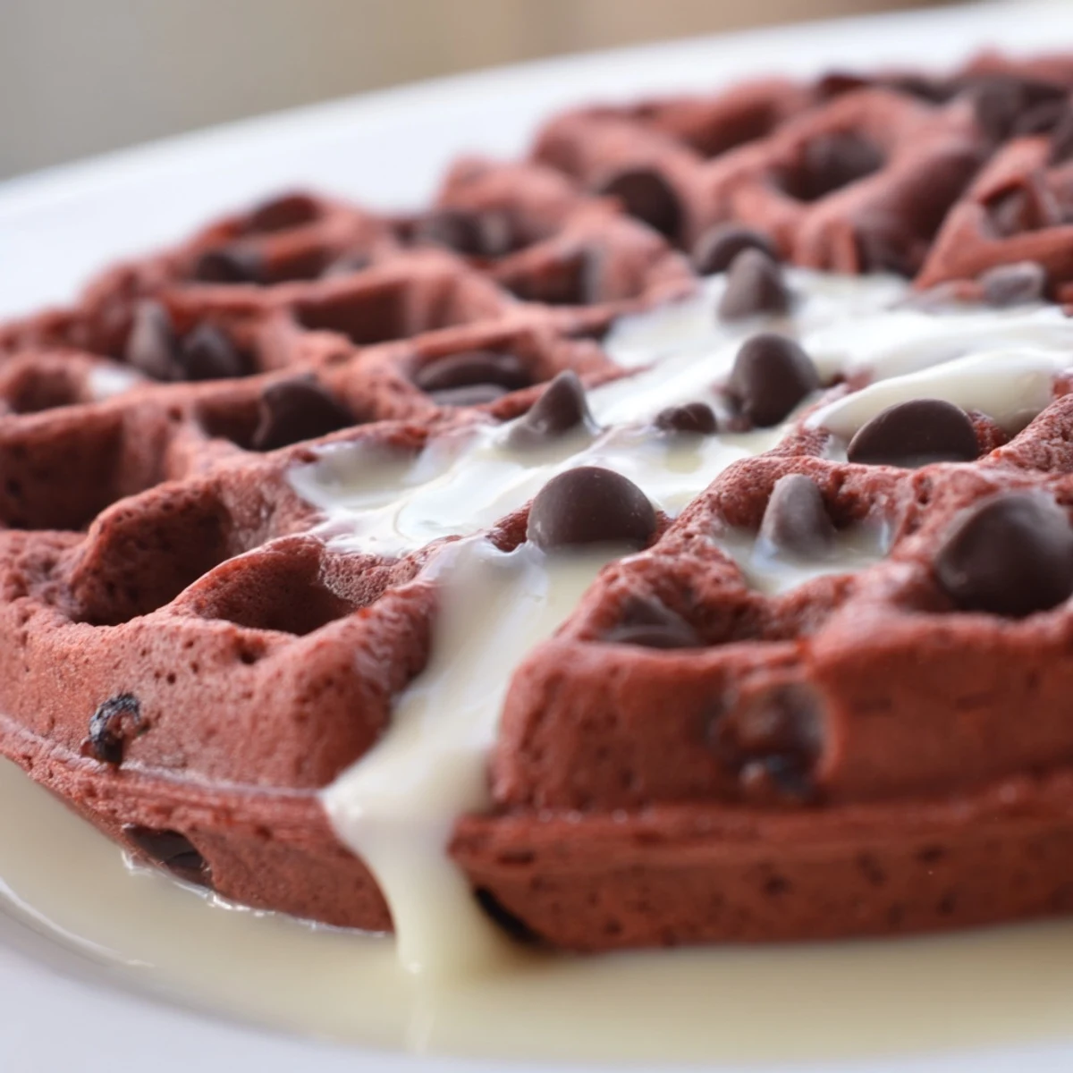 Stack of red velvet waffles topped with cream cheese syrup, perfect for a festive brunch with fresh strawberries.