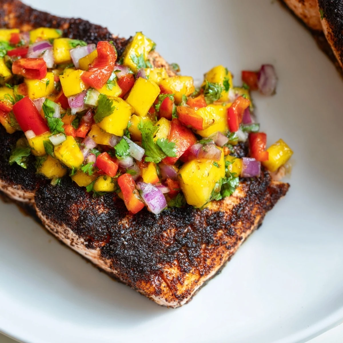 Four seasoned blackened salmon fillets sizzling in a cast-iron skillet develop a dark, smoky crust that smells incredible. Vibrant, freshly diced mango salsa with red onion and cilantro waits in a rustic bowl to top the fish. Fresh lime wedges sit nearby, ready to squeeze over the spicy-sweet main dish for a bright citrus finish. This easy Caribbean-inspired dinner is ready in under 25 minutes, perfect for a healthy, flavorful weeknight meal.