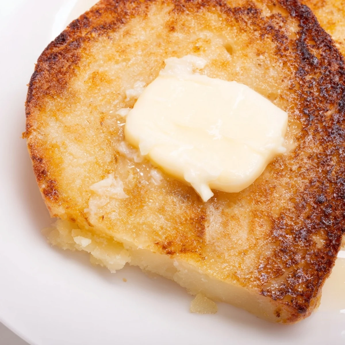A golden-brown slice of Irish Potato Bread with Butter, smeared with melting butter, reveals a soft, fluffy potato interior perfect for breakfast.
