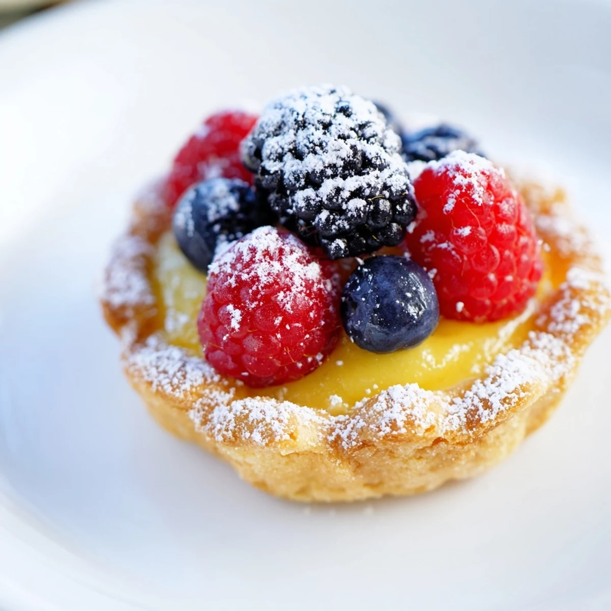 Four Lemon Curd Tartlets with Fresh Berries feature vibrant raspberries and blueberries, dusted with powdered sugar and a mint garnish.  