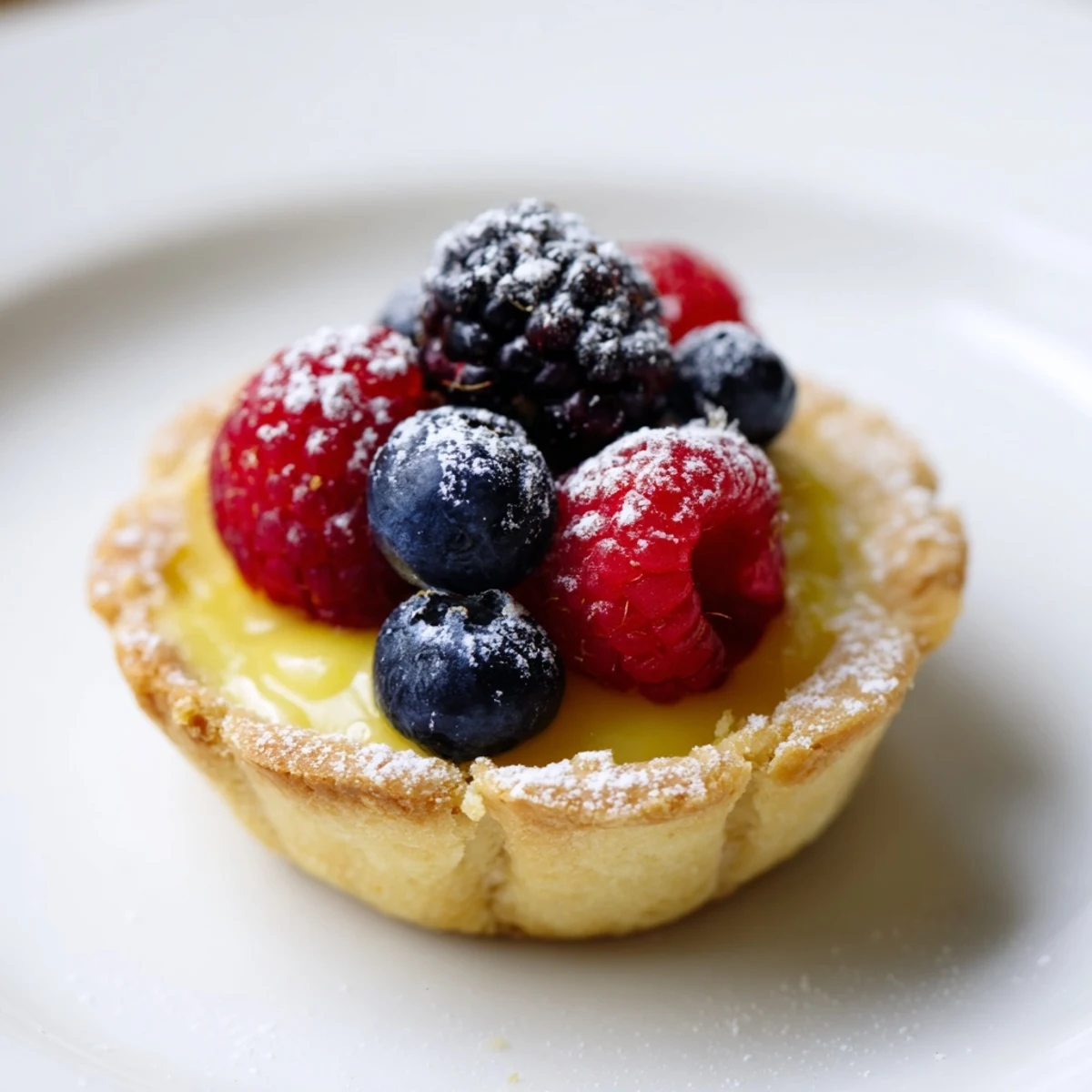 Sliced Lemon Curd Tartlets with Fresh Berries reveal their luscious, pale-yellow filling inside flaky, golden-brown pastry shells.