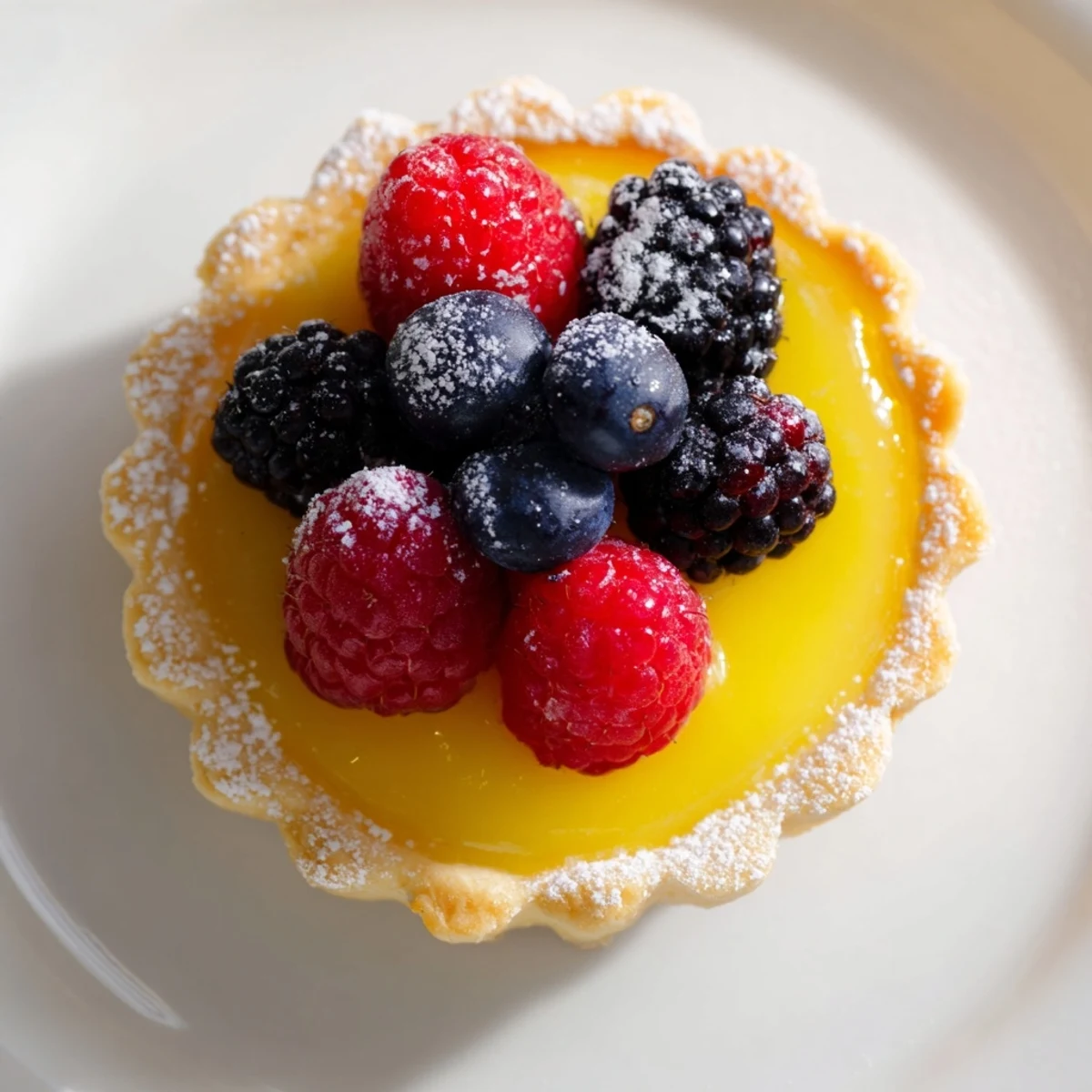 Golden Lemon Curd Tartlets with Fresh Berries are arranged on a white plate, showcasing their crisp, buttery shells and bright, tangy filling.  