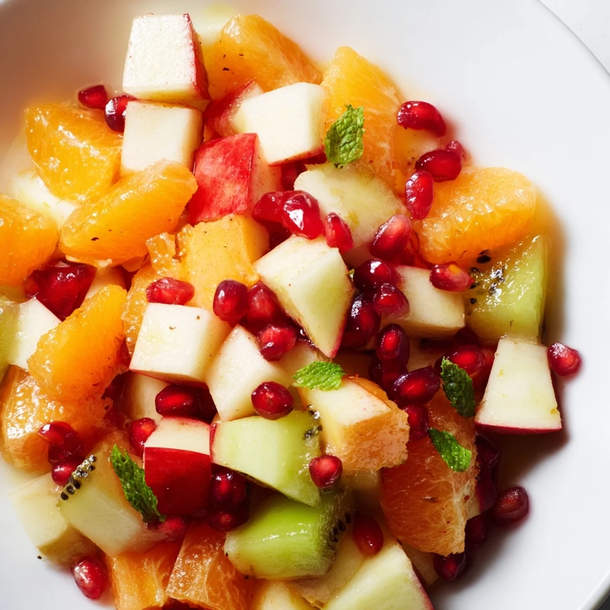 Vibrant Winter Fruit Salad with Honey Lime Mint Dressing in a clear bowl, showing colorful citrus segments and fresh mint leaves.  