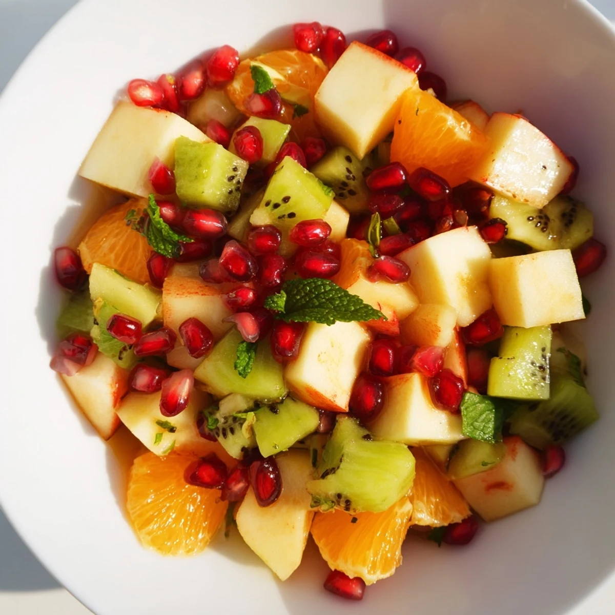 A close-up of Winter Fruit Salad with Honey Lime Mint Dressing featuring glistening pomegranate seeds and diced apples.  
