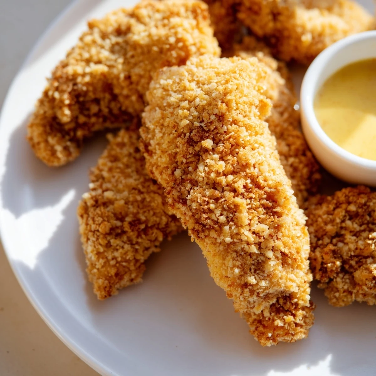 Golden-brown Crispy Baked Chicken Tenders with Honey Mustard arranged on a rustic platter, showcasing a crunchy panko crust and tender meat inside.