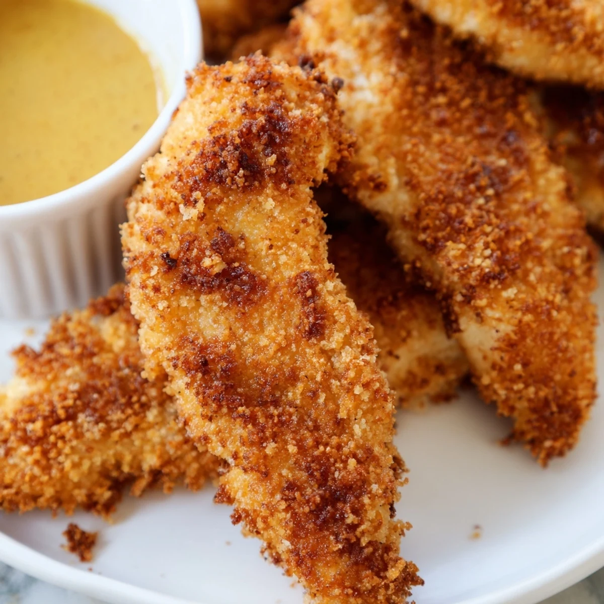 Freshly baked Crispy Baked Chicken Tenders with Honey Mustard served alongside fries and a crisp green salad for a complete family meal.
