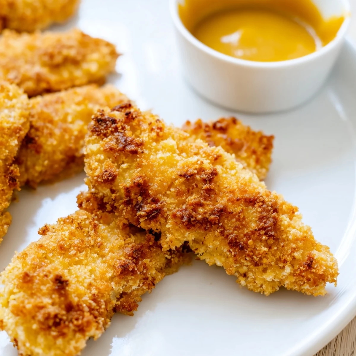 Close-up view of Crispy Baked Chicken Tenders with Honey Mustard, featuring a golden, crunchy coating and a small dipping bowl of creamy sauce.