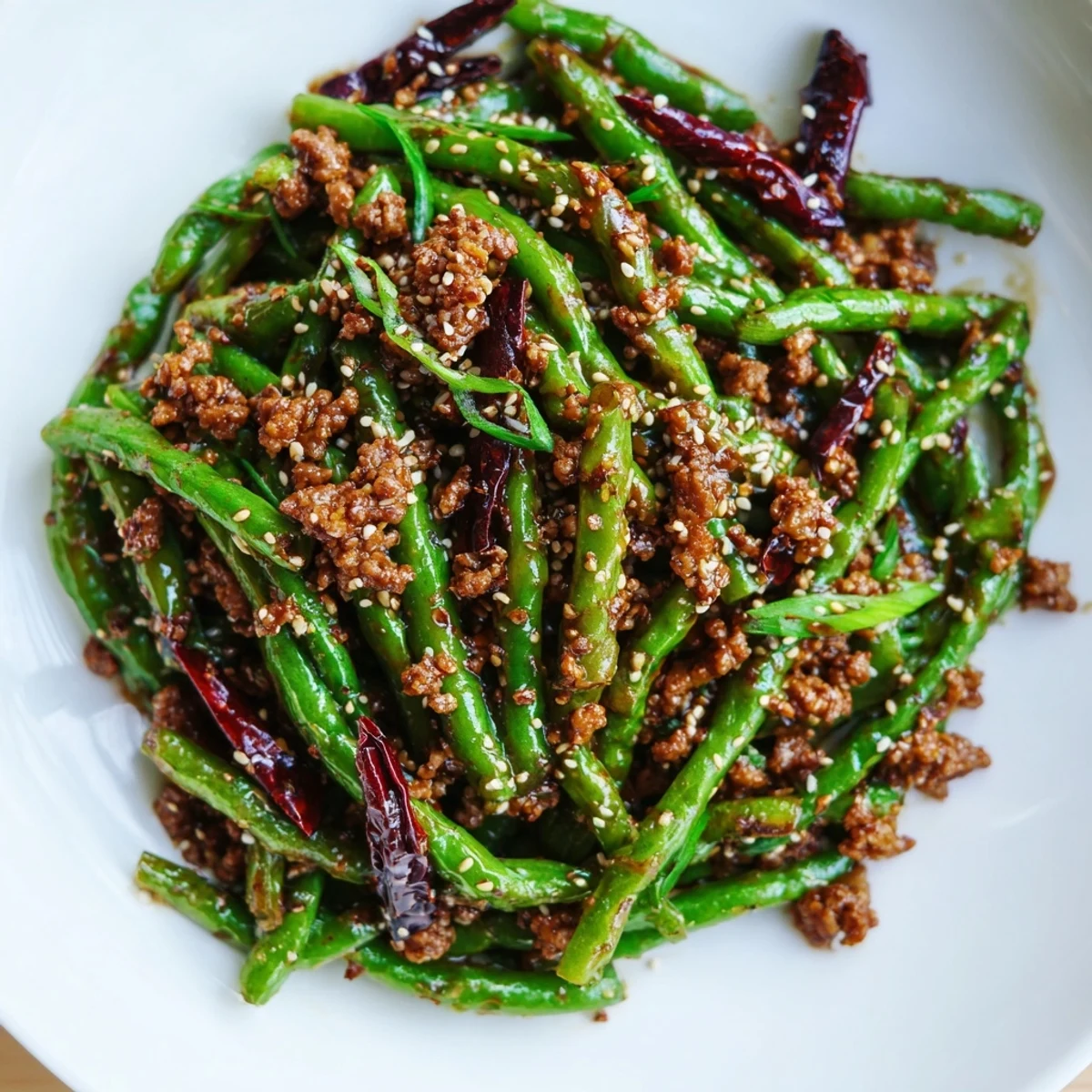 Spicy Szechuan green beans with minced beef stir-fry, featuring tender beef and crisp beans coated in a fiery, aromatic sauce.  