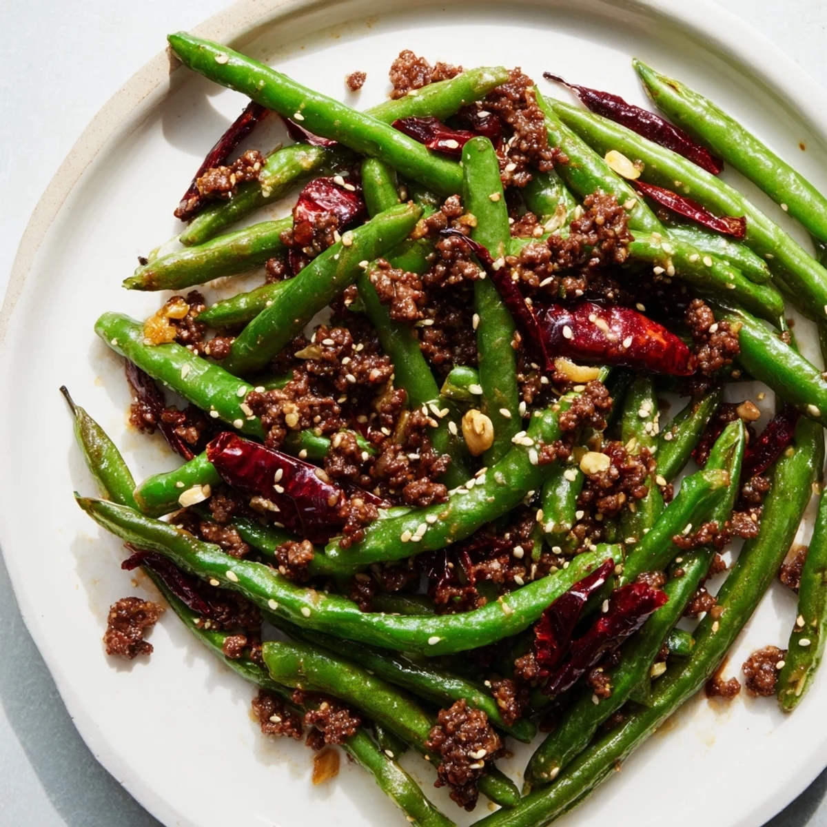 Stir-fried spicy Szechuan green beans with minced beef, served hot alongside steamed jasmine rice for a complete weeknight meal.