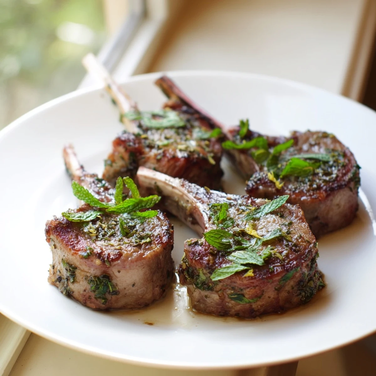 Freshly roasted Garlic Herb Roasted Lamb Chops rest on a platter, garnished with vibrant green mint and lemon zest, served with roasted vegetables.