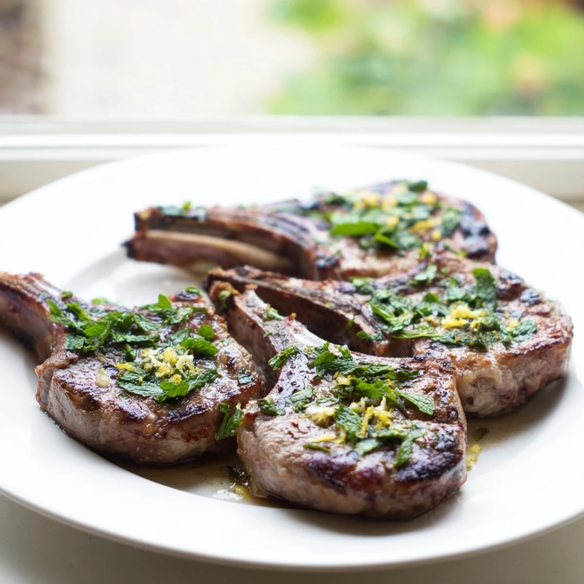 A close-up of golden-brown Garlic Herb Roasted Lamb Chops showcases the herb crust and juicy meat, ready for a special occasion dinner.