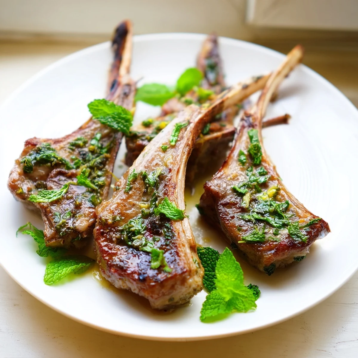 Sizzling Garlic Herb Roasted Lamb Chops come out of the oven, garnished with fresh mint, paired with couscous on a rustic plate.