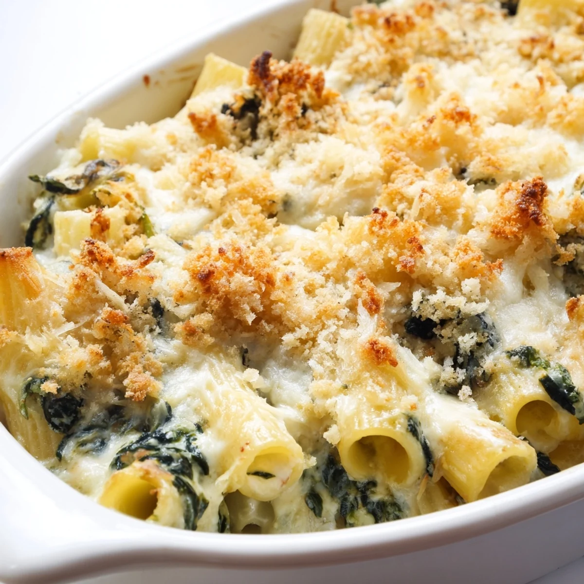Creamy spinach and cheese pasta bake emerges from the oven with bubbly, golden cheese and tender spinach nestled in a rich, creamy sauce.