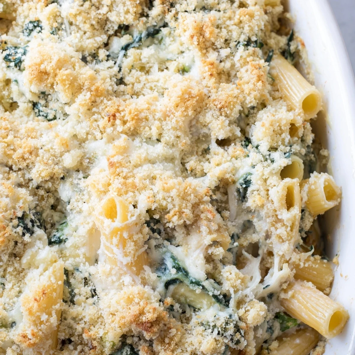 Golden brown panko breadcrumbs top this family-style pasta bake, revealing pockets of melted mozzarella and Parmesan in every hearty serving.