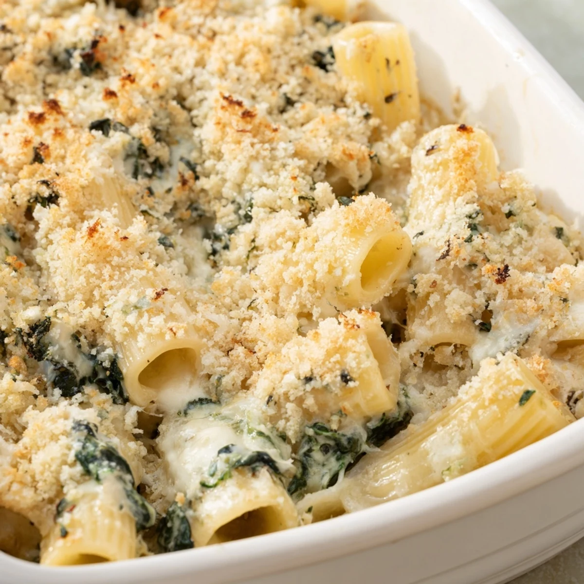 Perfectly baked penne is coated in a velvety cheese sauce with wilted spinach, ready to serve alongside a fresh green salad.
